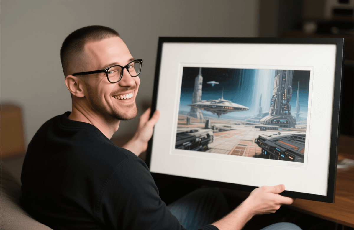 Customer excitedly unboxing a framed art print